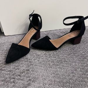 Suede finish pointed toe heeled sandals with ankle strap